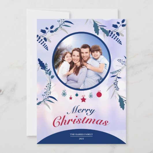 Botanische Navy Blauwe Bloem Foto Frame | Kerstmis Feestdagenkaart (Voorkant)