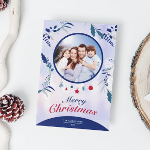 Botanische Navy Blauwe Bloem Foto Frame Kerstmis Feestdagenkaart