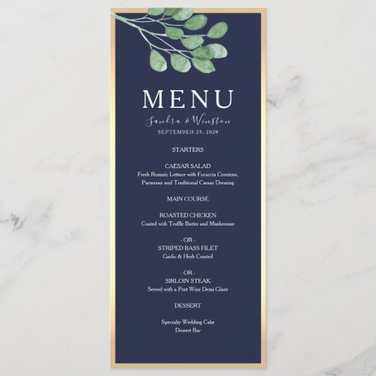 Botanische Navy Blauwe Huwelijk Menu (Voorkant)