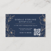 Botanische Navy Blauwe QR Code Estheetiker Bloemen Visitekaartje (Achterkant)