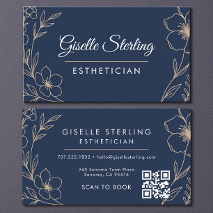 Botanische Navy Blauwe QR Code Estheetiker Bloemen Visitekaartje