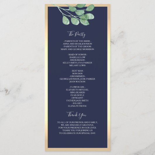Botanische Navyblauwe Bruiloft Programmakaart (Achterkant)