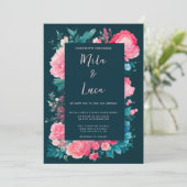 Botanische nordic blauw groen roze bloemen bruilof kaart (Staand voorkant)