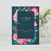Botanische nordic blauw groen roze bloemen RSVP Kaart (Staand voorkant)