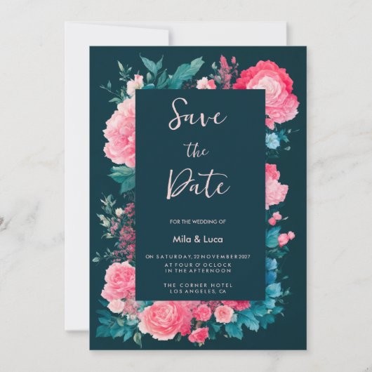 Botanische nordic blauw groen roze flora Save the  Kaart (Voorkant)