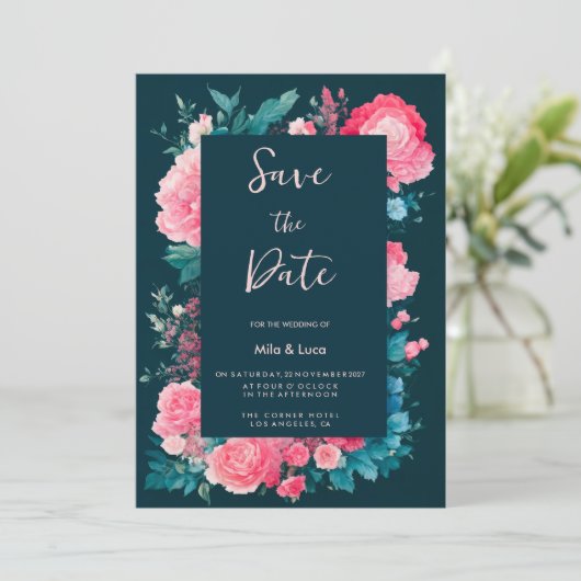 Botanische nordic blauw groen roze flora Save the  Kaart (Staand voorkant)