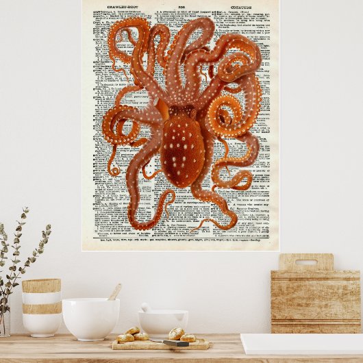  Botanische Octopus Art Dictionary Pagina Poster (Keuken)