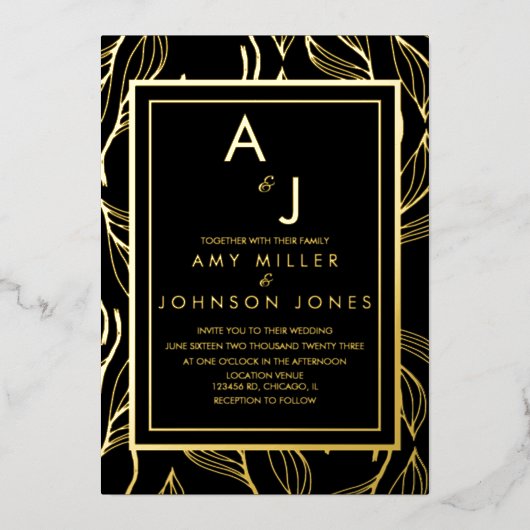 Botanische oliage Gold Black Weddenschap geperst Folie Uitnodiging (Voorkant)