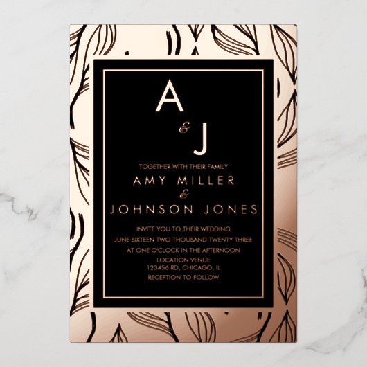 Botanische oliage Leaf Borded Weddenschap geperst Folie Uitnodiging (Voorkant)