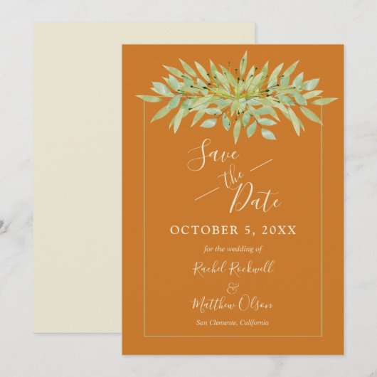 Botanische olie op ochre Save the Date Cards (Voorkant / Achterkant)