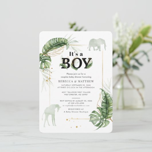 Botanische olifant en Giraffe Baby shower voor par Kaart (Staand voorkant)