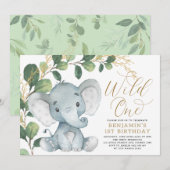 Botanische olifant Wilde 1 Greenery 1e verjaardag Kaart (Voorkant / Achterkant)