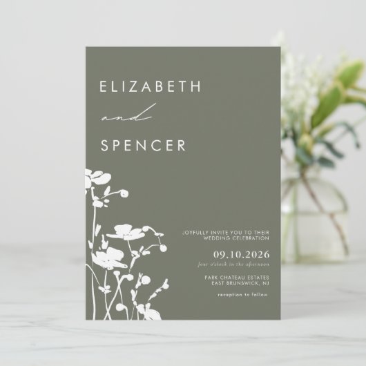 Botanische Olijf Bloemen Moderne Bruiloft Kaart (Staand voorkant)