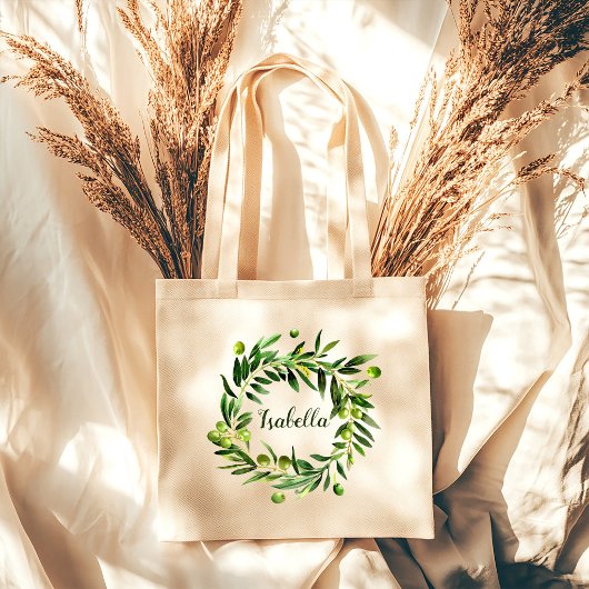 Botanische Olijf Bloemige Groenelementen Initiële Tote Bag