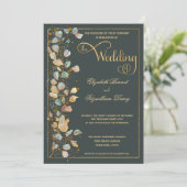 Botanische Olijfgroene gouden foto Monogram Wedden Kaart (Staand voorkant)