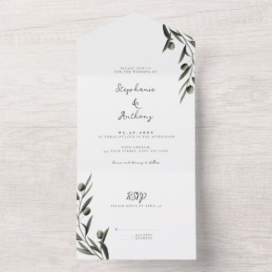 Botanische olijfolie verlaat Italiaanse bruiloft All In One Uitnodiging (Binnen)