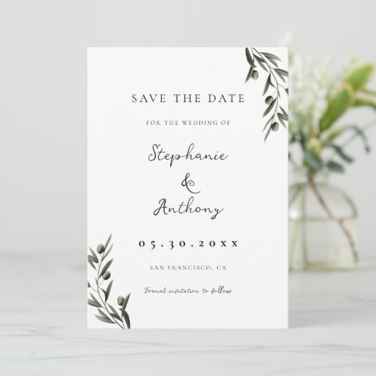 Botanische olijfolie verlaat Italiaanse bruiloft Save The Date (Staand voorkant)