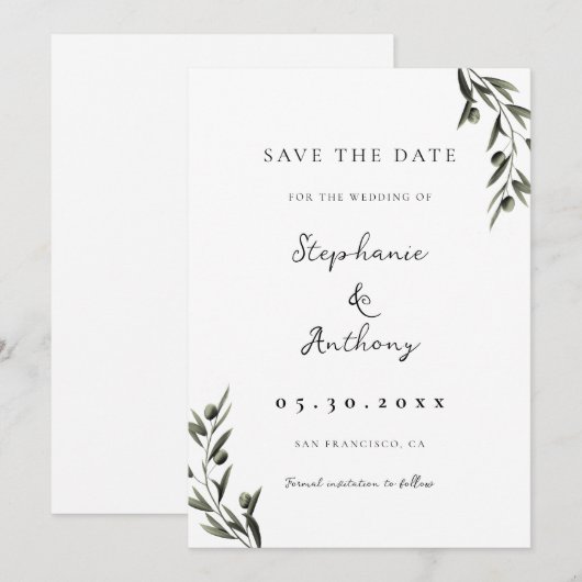 Botanische olijfolie verlaat Italiaanse bruiloft Save The Date (Voorkant / Achterkant)