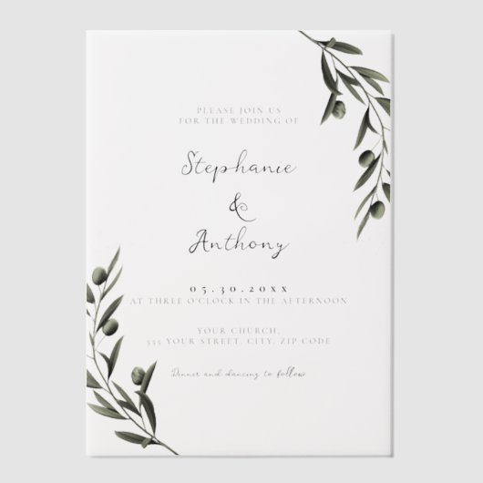 Botanische olijfolie verlaat Italiaanse bruiloft Vellum Uitnodigingen (Voorkant)