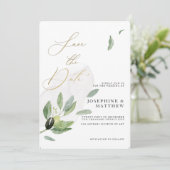 Botanische Olijftak Elegante Kalligrafie Save The Date (Staand voorkant)