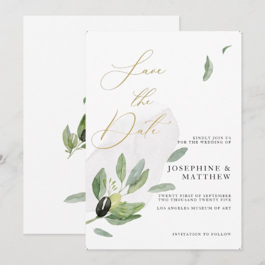 Botanische Olijftak Elegante Kalligrafie Save The Date (Voorkant / Achterkant)