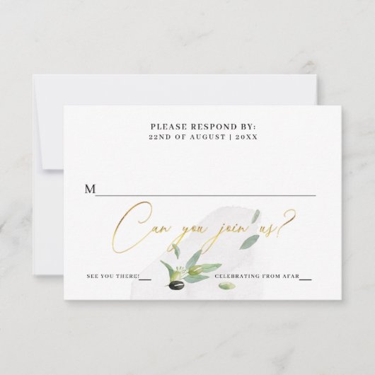 Botanische olijftak Gold Elegant Calligraphy RSVP Kaartje (Voorkant)