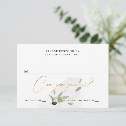 Botanische olijftak Gold Elegant Calligraphy RSVP Kaartje (Staand voorkant)