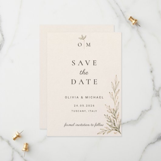 Botanische Olijftak Save the Date Kaart  (Voorkant / Achterkant in situ)