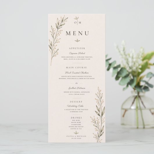 Botanische Olijftak Trouw Menu Kaart (Staand voorkant)