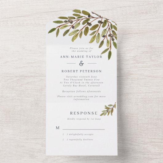 Botanische Olijven Rustic Wedding All In One Uitnodiging (Binnen)