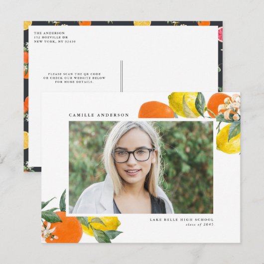 Botanische Oranje & Citroen QR-code Foto Afstudere Aankondigingskaart (Voorkant / Achterkant)
