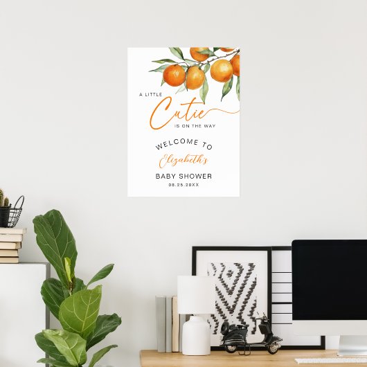 Botanische oranje kleine lieve baby shower welkom poster (Thuiskantoor)