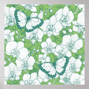 Botanische orchideeën tuin met vlinders in het gro poster
