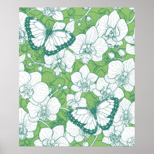Botanische orchideeën tuin met vlinders in het gro poster