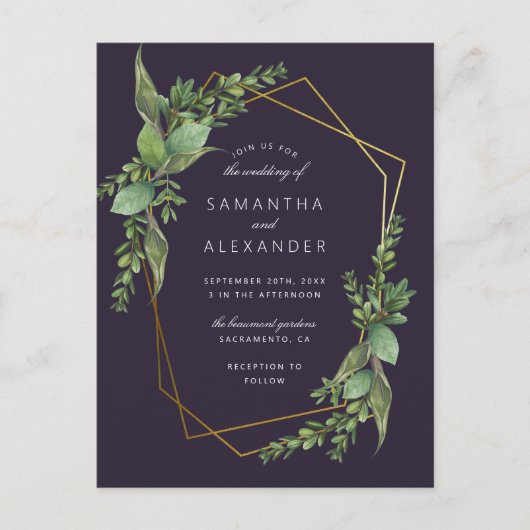 Botanische Paars en gouden geometrische bruiloft Uitnodiging Briefkaart (Voorkant)