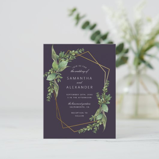 Botanische Paars en gouden geometrische bruiloft Uitnodiging Briefkaart (Staand voorkant)