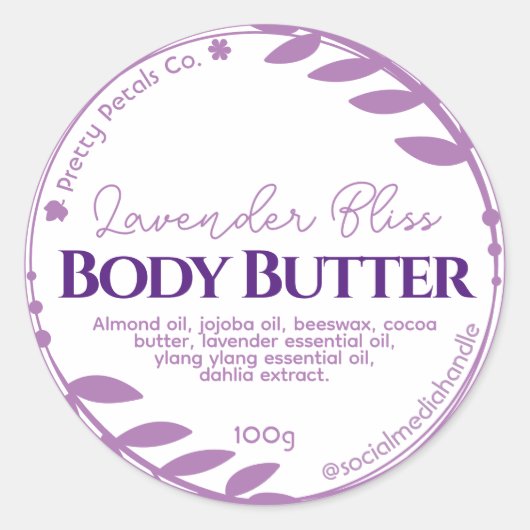 Botanische Paarse Blad Lavendel Body Butter Labels (Voorkant)