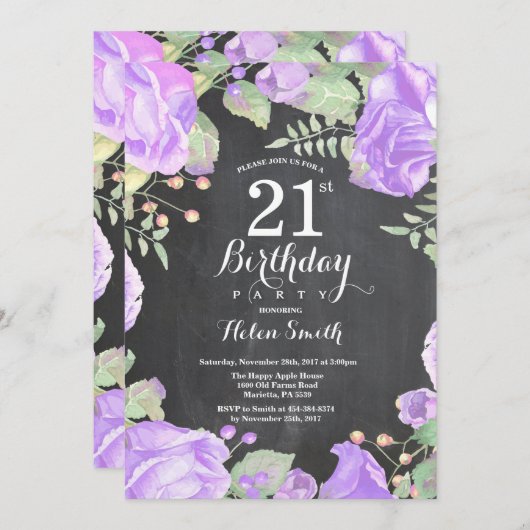 Botanische Paarse Bloemen 21e Verjaardag Uitnodigi Kaart (Voorkant / Achterkant)
