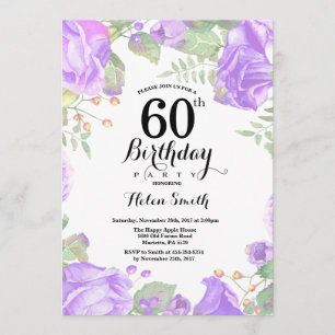 Botanische Paarse Bloemen 60ste Verjaardag Uitnodi Kaart