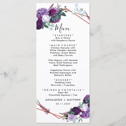 Botanische Paarse Bloemen Bruiloft Receptie Menu (Voorkant)