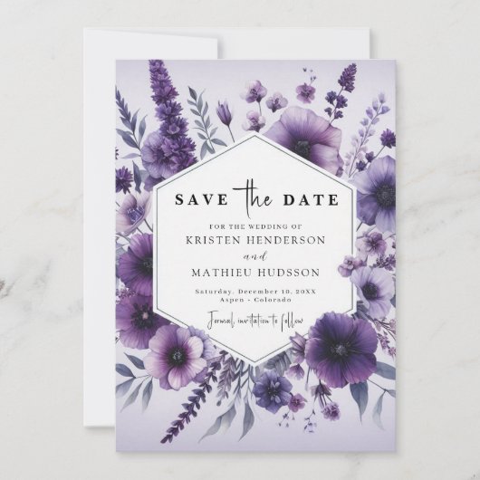 Botanische Paarse bloemen bruiloft Save The Date (Voorkant)