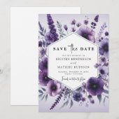 Botanische Paarse bloemen bruiloft Save The Date (Voorkant / Achterkant)