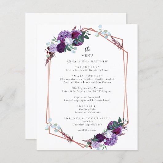 Botanische Paarse Bloemen Elegante Bruiloft Menu (Voorkant / Achterkant)