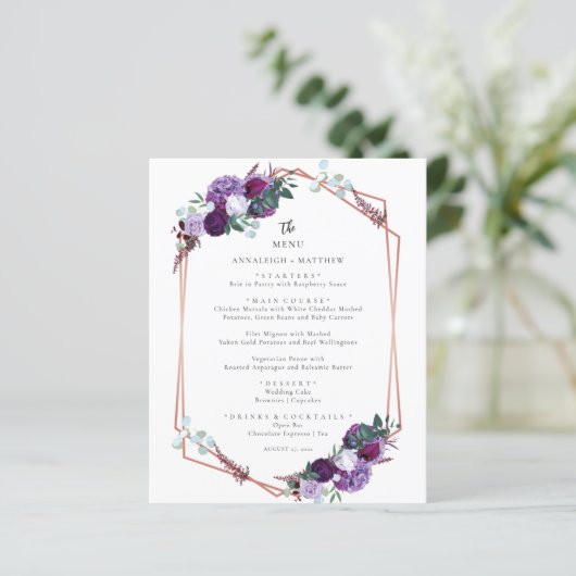 Botanische Paarse Bloemen Elegante Bruiloft Menu (Staand voorkant)