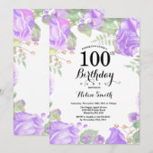 Botanische Paarse Floral 100e verjaardag Uitnodigi Kaart (Voorkant / Achterkant)