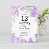 Botanische Paarse Floral 12e verjaardag Uitnodigin Kaart (Staand voorkant)