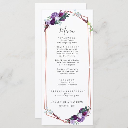 Botanische Paarse Floral Geometric Elegant Wedding Menu (Voorkant / Achterkant)