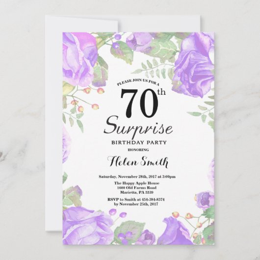 Botanische Paarse Floral Surprise 70th Birthday Kaart (Voorkant)