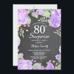 Botanische Paarse Floral Surprise 80th Birthday Kaart<br><div class="desc">Botanische Paarse Floral Surprise 80th Birthday Invitation. Floral Pink Peonies Birthday Invitation for Women. Waterverf Floral Flower. Elegant roze en Peony Flowers. Volwassen verjaardag. Chalkboard Achtergrond. Zwart-wit. 13e 15e 16e 18e 21e 30e 40e 50e 60e 70e 90e 100e, Alle leeftijden. Voor verdere aanpassing, te klikken gelieve de knoop "van de...</div>