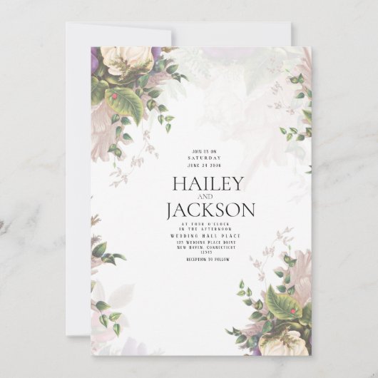 Botanische paarse groene witte ivoor bloemenbruilo kaart (Voorkant)